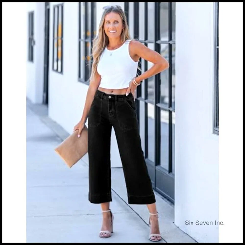 High Waisted Wide Leg Cropped Jeans Stretchy Denim Trendy Y2K Oversized